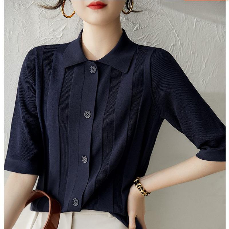 

Весна Лето Женский трикотаж Короткий рукав Трикотажная рубашка Базовый топ Поло Воротник Кардиган Базовые рубашки one size тёмно-синий