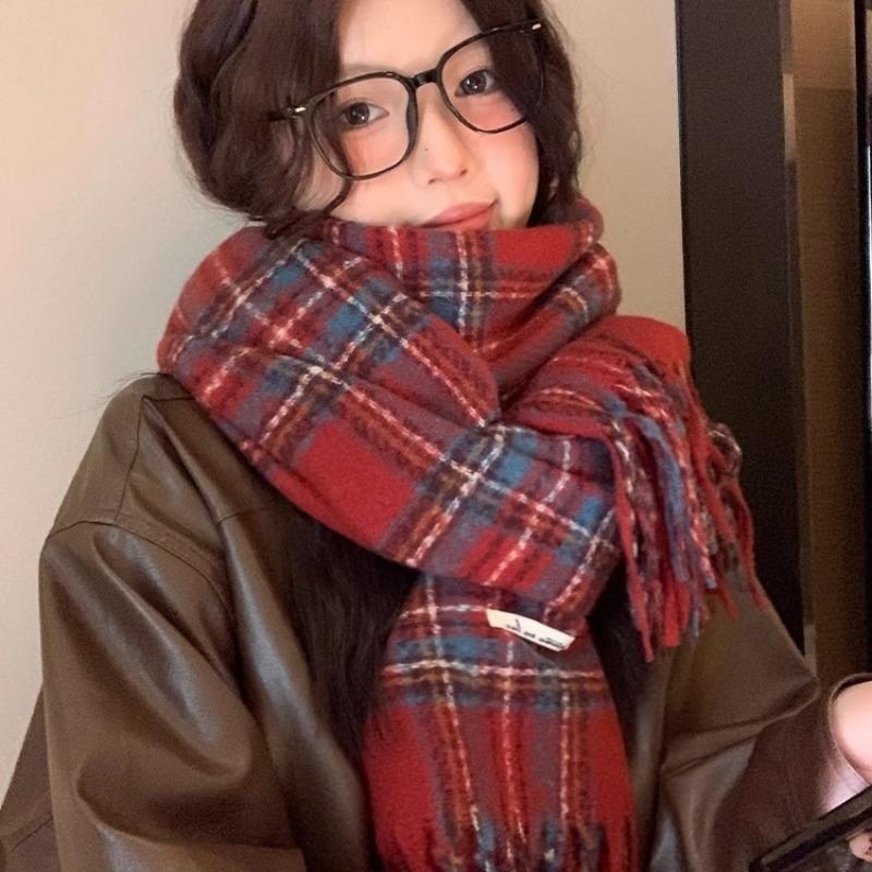 Scarf women's winter new plaid Christmas red student versatile warm thickened scarf shawl advanced sense