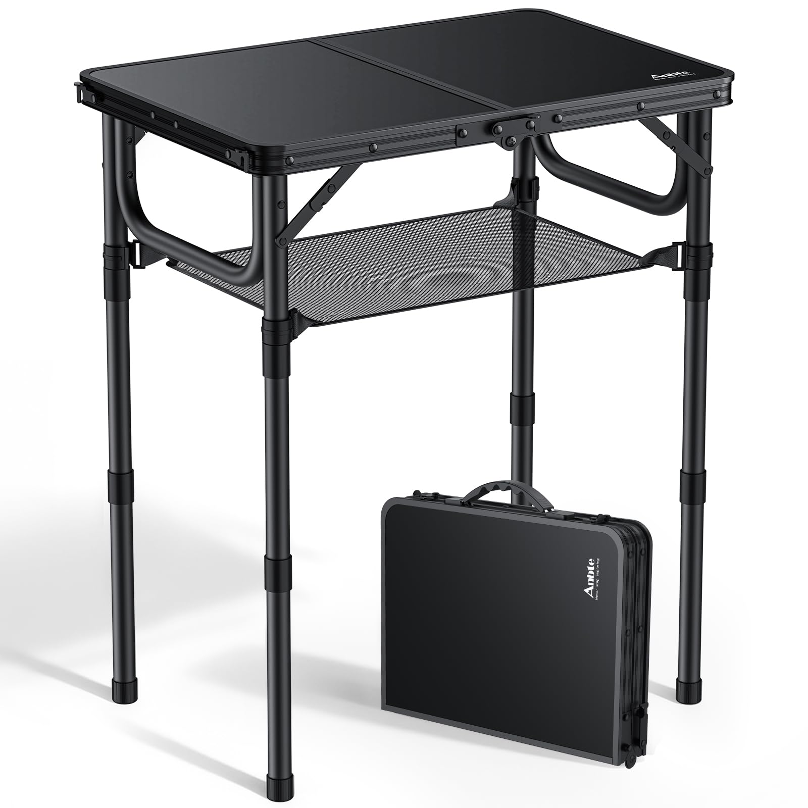

Складной походный стол Anbte с хранением 3 высоты 2 фута алюминиевый маленький складной легкий уличный портативный ручка для 59 см x чисто черная сетка,