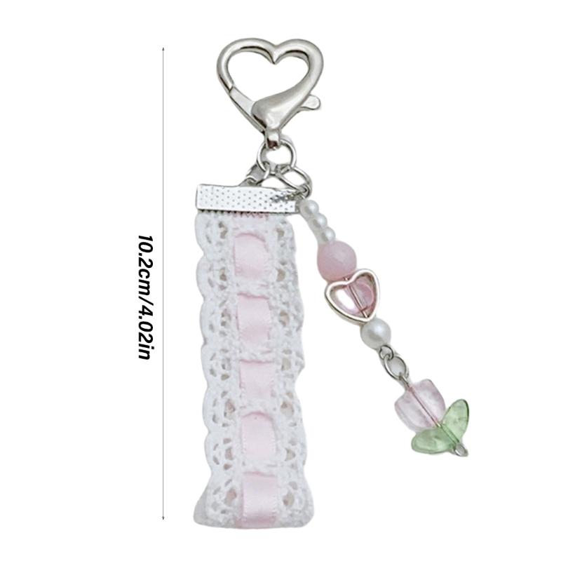 Strawberry Beaded Phone Accessory Unique Pink Lace Ribbon Beaded Phone Tassels with Strawberry and Pendant