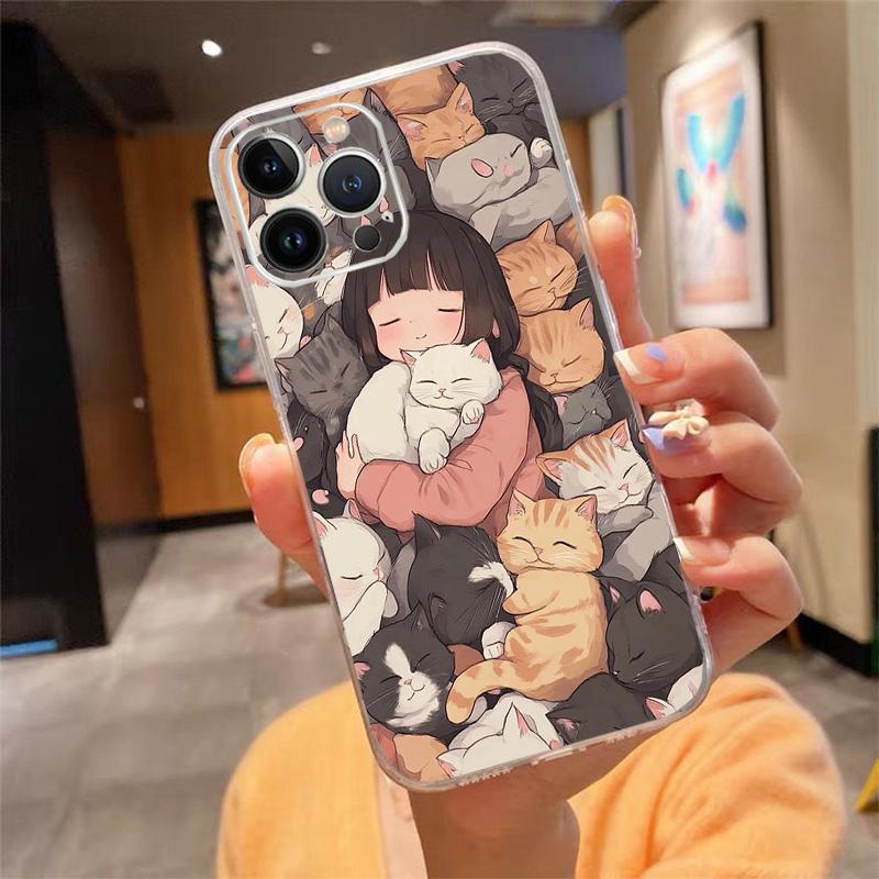 Cute White Cat Phone Case For iPhone 17 Pro Max Air 17 16 15 14 13 Pro Max 15 16 Pro 15Plus Silicone Cover