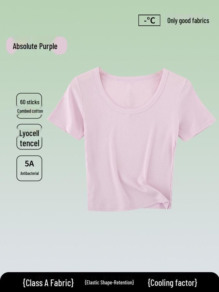 5A Antibakterielles Damen einfarbiges Tencel Baumwoll Ripp Kurzarm Sommer T-Shirt