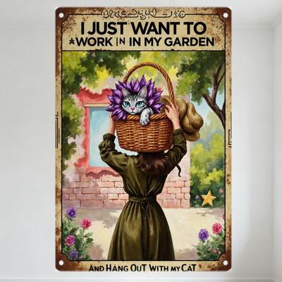Vintage verspieltes Metallschild Frau mit Katze im Garten 'ICH MÖCHTE NUR IN MEINEM GARTEN ARBEITEN' und 'UND MIT MEINER KATZE ABHÄNGEN' für Zuhause