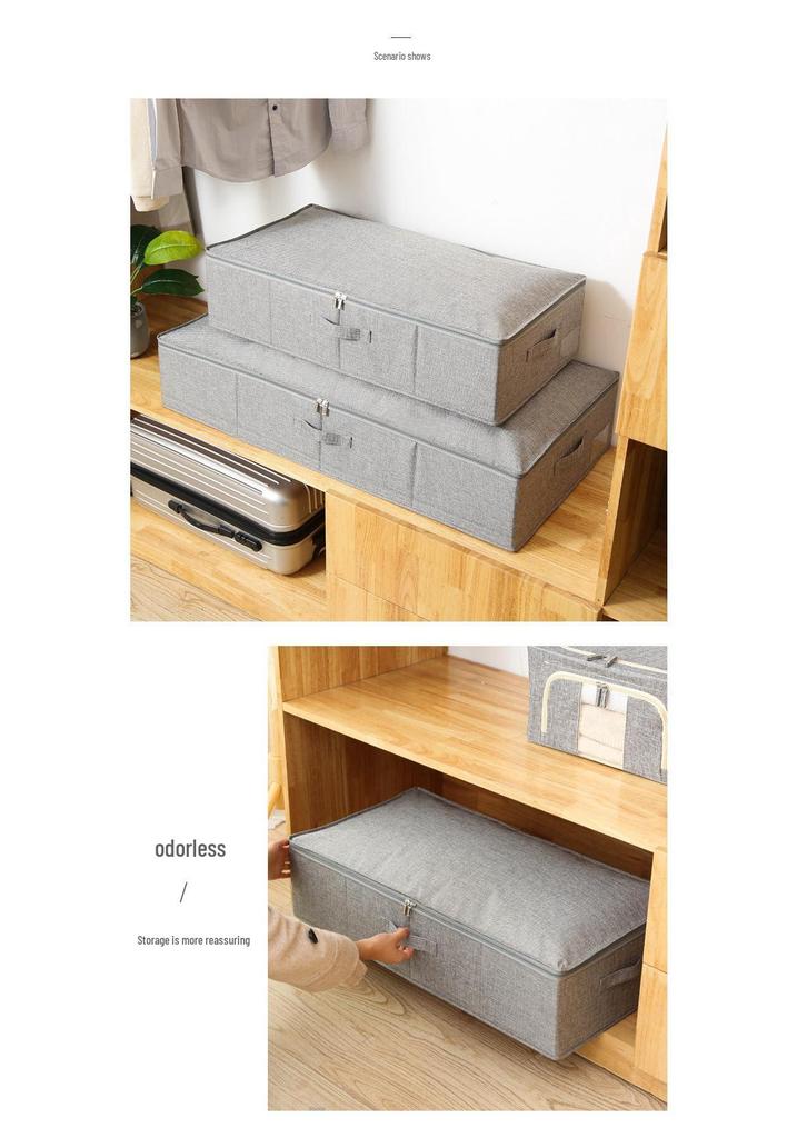 Foldable Cotton Linen Bed Base Storage Box with Lid and Zipper - Moisture-Proof Large Organizer