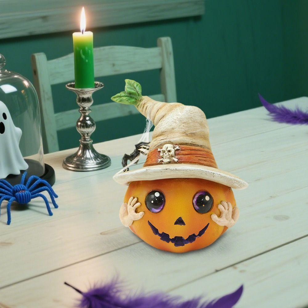 Halloween Decoration Resin Pumpkin Elf Sculpture Cute Funny Pumpkin Head Figurines Cartoon Miniature Statue Ornament Party