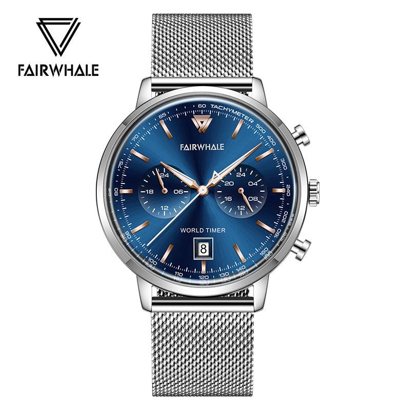 Mark Fairwhale Men's Quartz Watch Blue Dial Luminous Hands Stainless Steel Milanese Band Waterproof Business Wristwatch for Men
