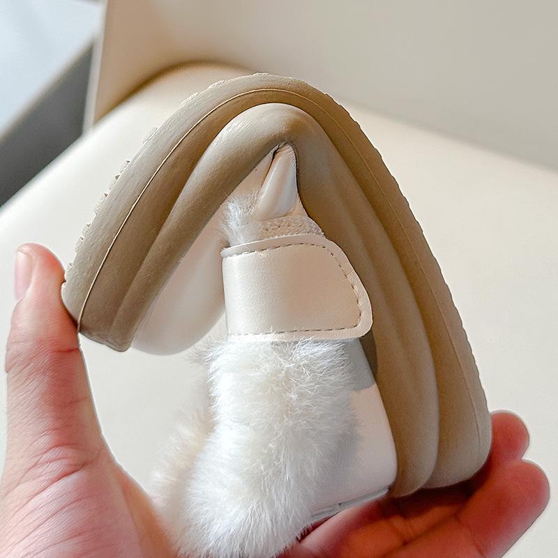 Korean Style Girls' Plush Cotton Velcro Leather Shoes - Thick Sole, Warm for Autumn/Winter 2025