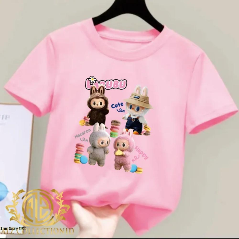 

2025 Новая детская футболка Модный и универсальный стиль С принтом Happy LABUBU Круглый вырез Короткий рукав Повседневный топ для девочек 100