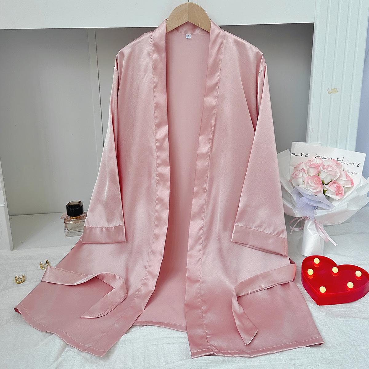 

Однотонный базовый свободный короткий халат для женщин, дышащая пижама с длинным рукавом и v-образным вырезом на шнурке, легкий, мягкий, удобный сексуальный халат XL розовый