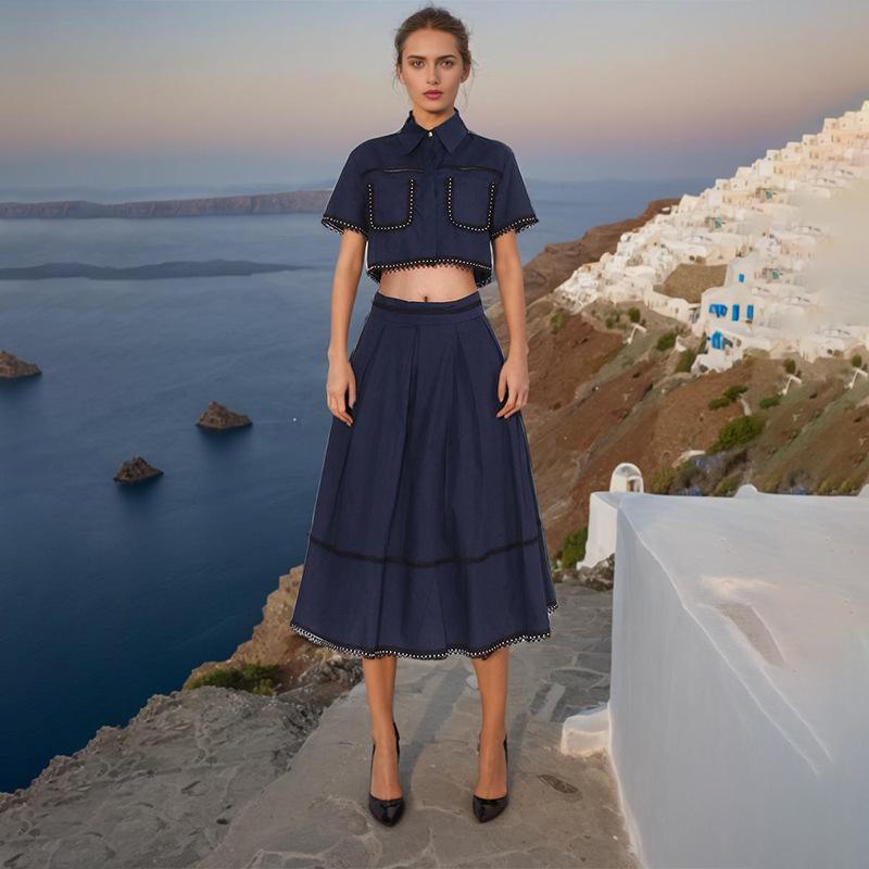 

2025 Chic Two-Piece Set: Embroidered Stand-Up Collar Blouse & Long Skirt XL темно-синий