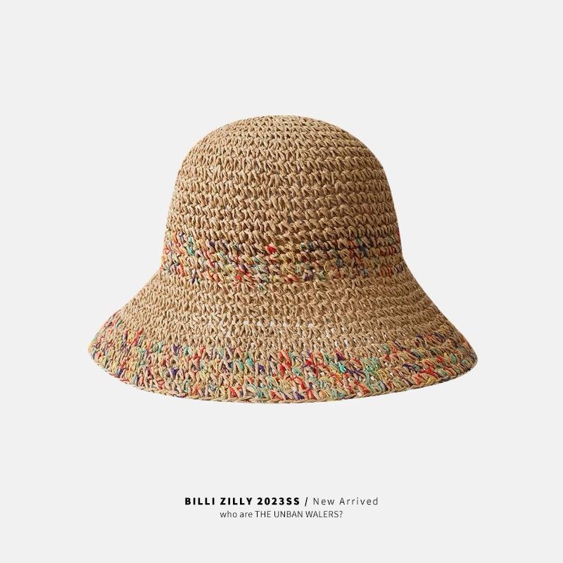 Straw Bucket Hat Women's Summer Breathable Korean Version Showing Face Small Bucket Hat Big Brim Sun Protection Seaside Straw Hat