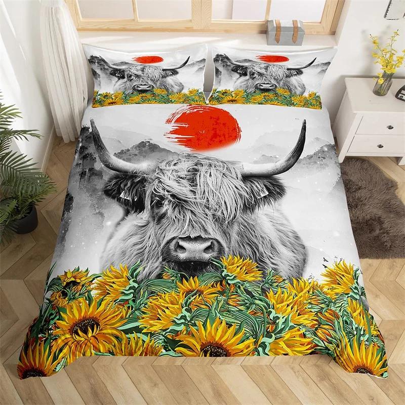 Hochlandrind Bettbezug Bulle Sonnenblume Kuh Bettwäscheset Queen Für Jungen Männer Mikrofaser Wildtiere Bauernhaus Tier Bettdeckenbezug