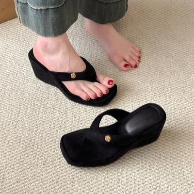 Fashion Square Clip Toe Platform Sandals Woman Chic Denim Wedge Flip Flops Ladies Summer Street Style Thick High Heel Slippers