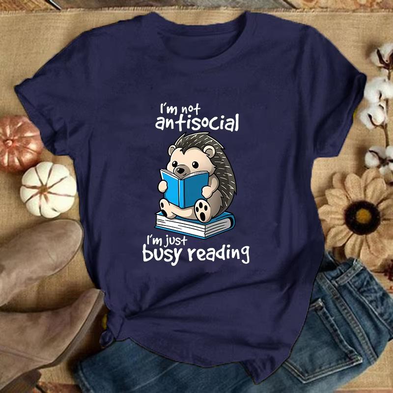 

Premium TshirtHedgehog IM Not Antisocial IM Just Busy Reading Print TShirts For Women Summer Short Sleeve Round Neck S
