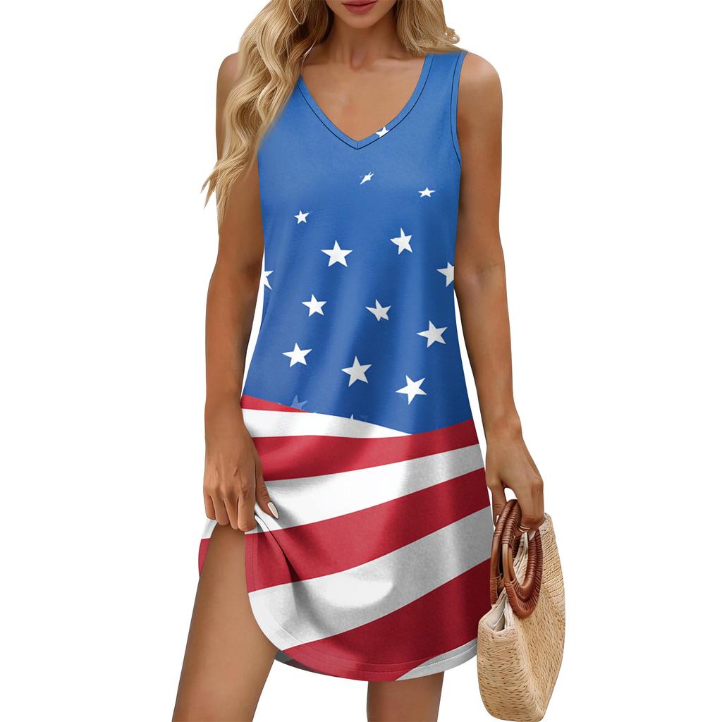 Women's Summer Casual Sun Skirt With Pocket V-Neck Independence Day Printed Loose Vest Dress