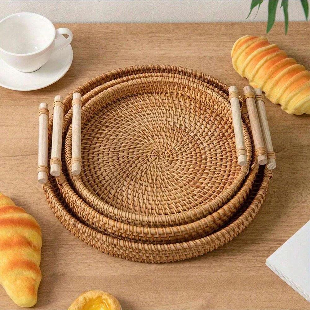 Handmade Rattan Tray Double Ear Tea Fruit Serving Tray, Bread Snack Storage Woven Basket, Insulated Art Decoration Home Decor