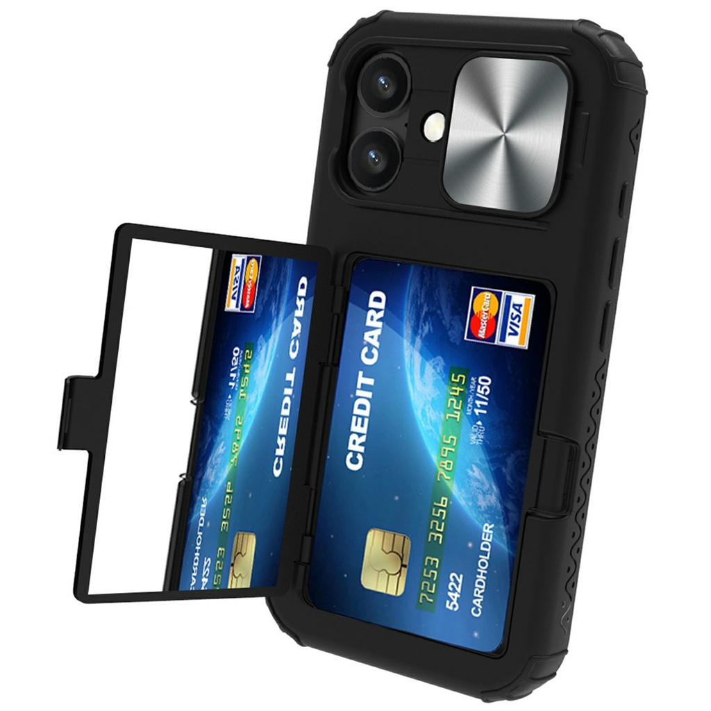 For iPhone 16 Case Card Holder Mirror PC+TPU Phone Shell with Lens Cover