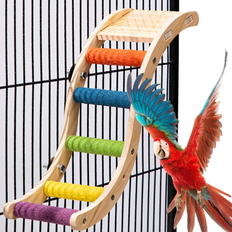 Parrot Colorful Ladder Bird Toy Cockatiel Wood Perch Gym Playground Ladder with Non-slip Quartz-Sand Paw Grinding Toy