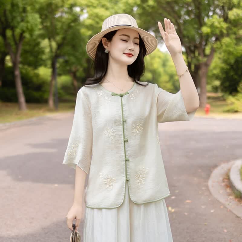 New Chinese Style Embroidered Half-Sleeve Shirt for Middle-Aged Women