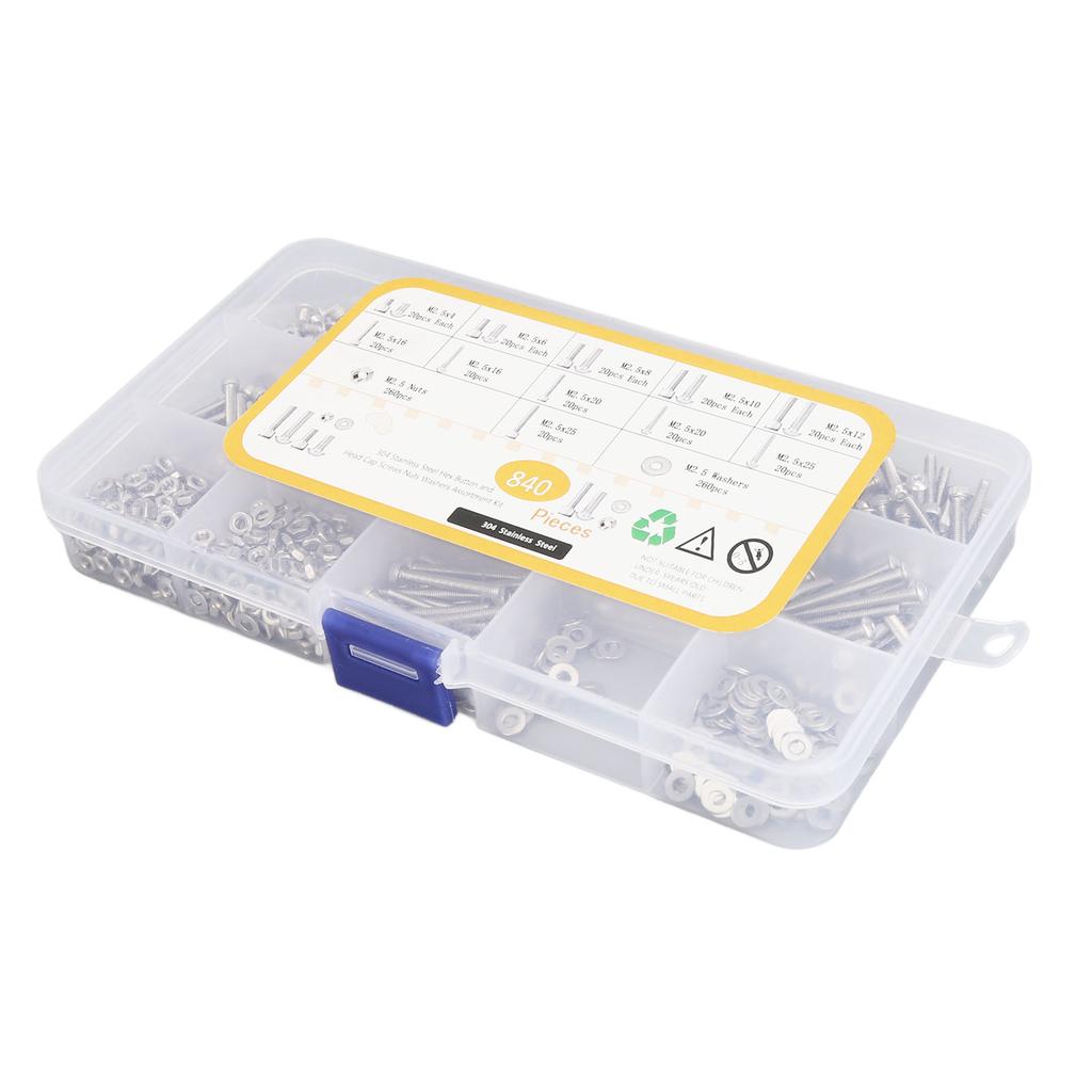 840st Bultar Muttrar Sortiment Kit Metrisk M2. Diverse sexkantsskruv i rostfritt stål med platt W