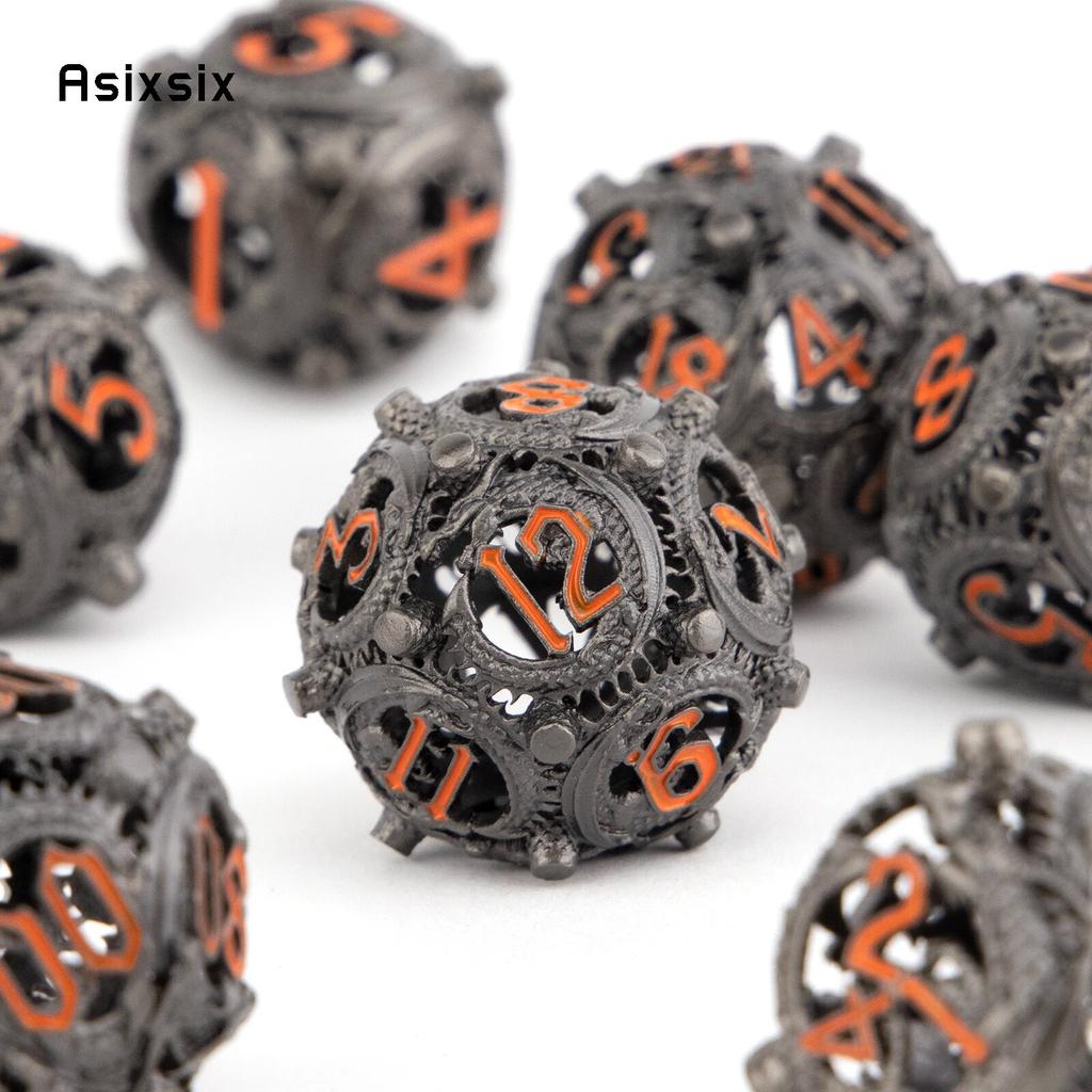 7 Pcs Black Orange Circular Dragon Metal Dice Hollow Metal Polyhedral Dice Suitable for Role-Playing RPG  Board Game Card Game