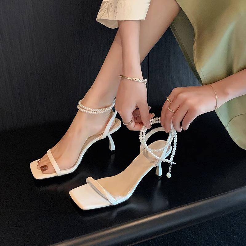 Fashion Summer New Korean Version of Pearl One-strap High Heels Temperament Versatile Open-toe White Sandals for Women To Wear Outside