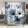 1pc Blue and White Floral Butterfly Shower Curtain - Elegant Nature Design with Vivid Blossoms and Muted Gray Background