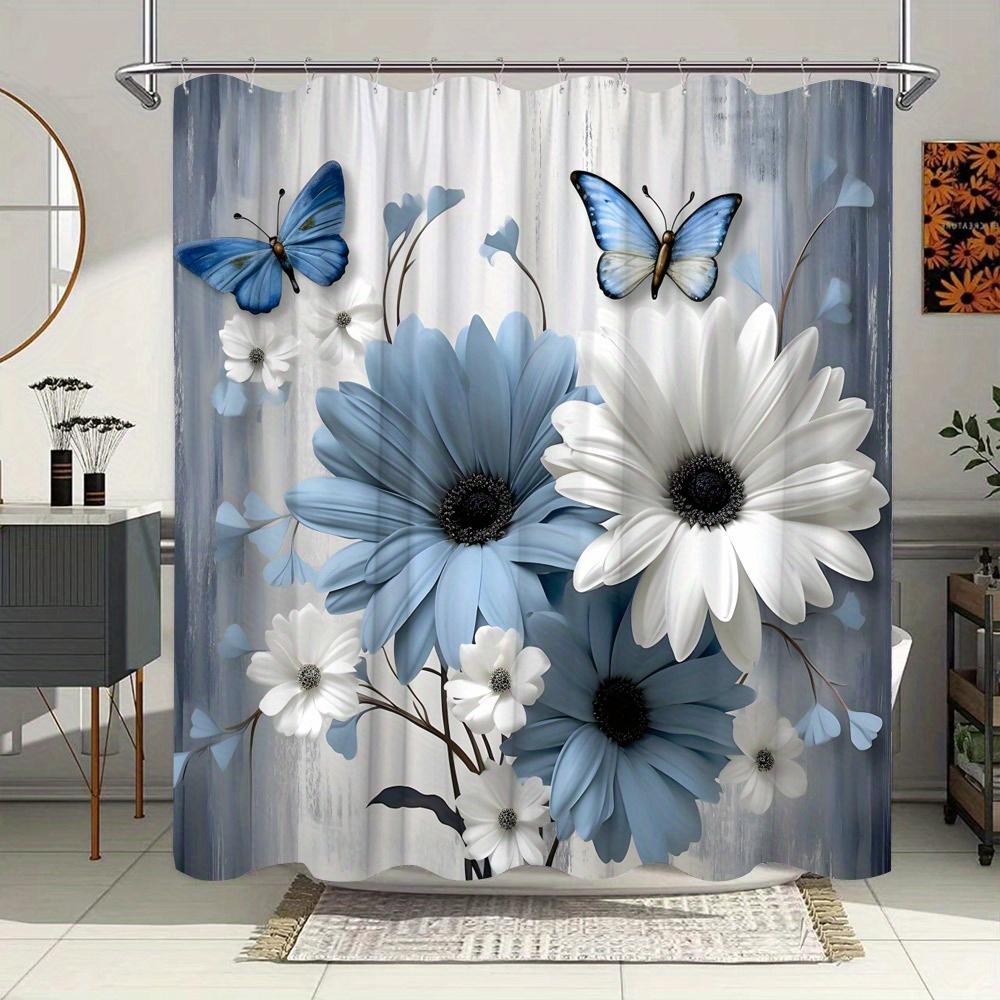 1pc Blue and White Floral Butterfly Shower Curtain - Elegant Nature Design with Vivid Blossoms and Muted Gray Background