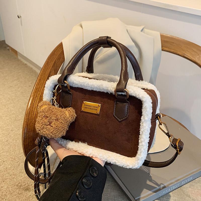 Retro Winter Handbag Matte Crossbody Bag Small Plush Square Bag With Charm Adjustable Shoulder Strap Zipper Wallet