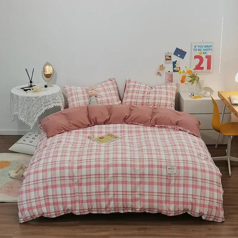 Japanese Grid Printed Washed Bedding Set Skin-Friendly Breathable Quilt Cover Sets for All Seasons Queen King Size Bedclothes
