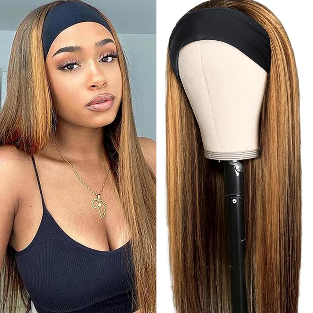 Highlight Ombre 18 Inch Headband Wig Human Hair Honey Blonde 4/27 Glueless Brazilian Virgin Straight 200% Density