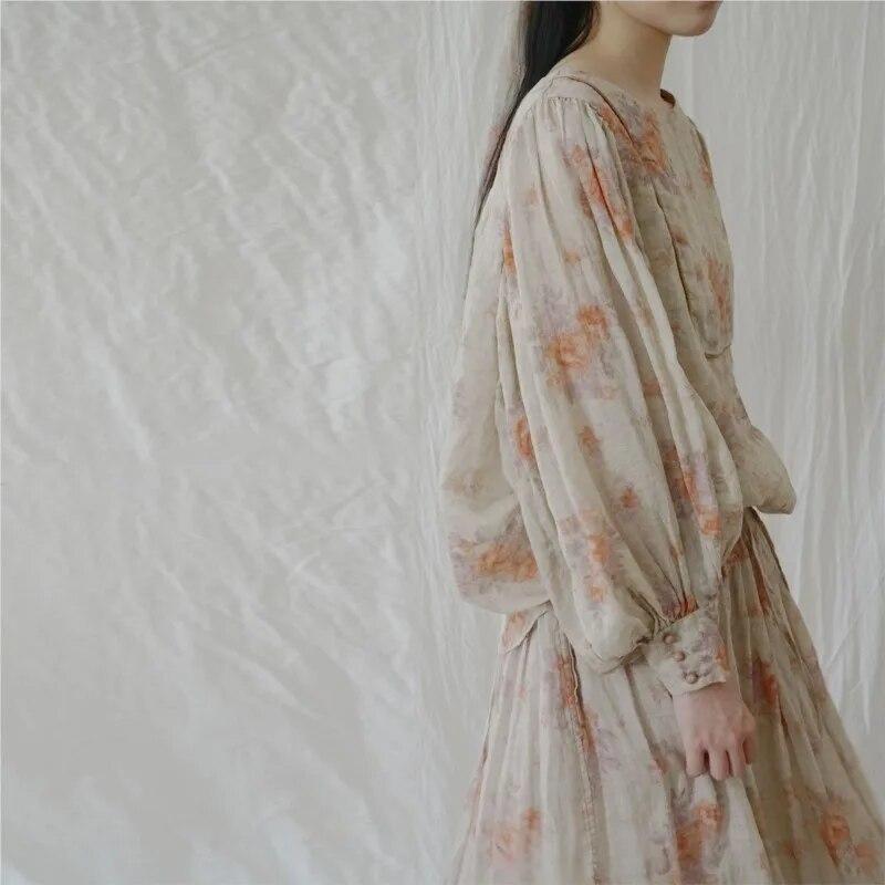 Johnature Women Print Floral Vintage Linen T-Shirts Puff Sleeve O-Neck Loose Tees Autumn Chinese Style Women T-Shirts