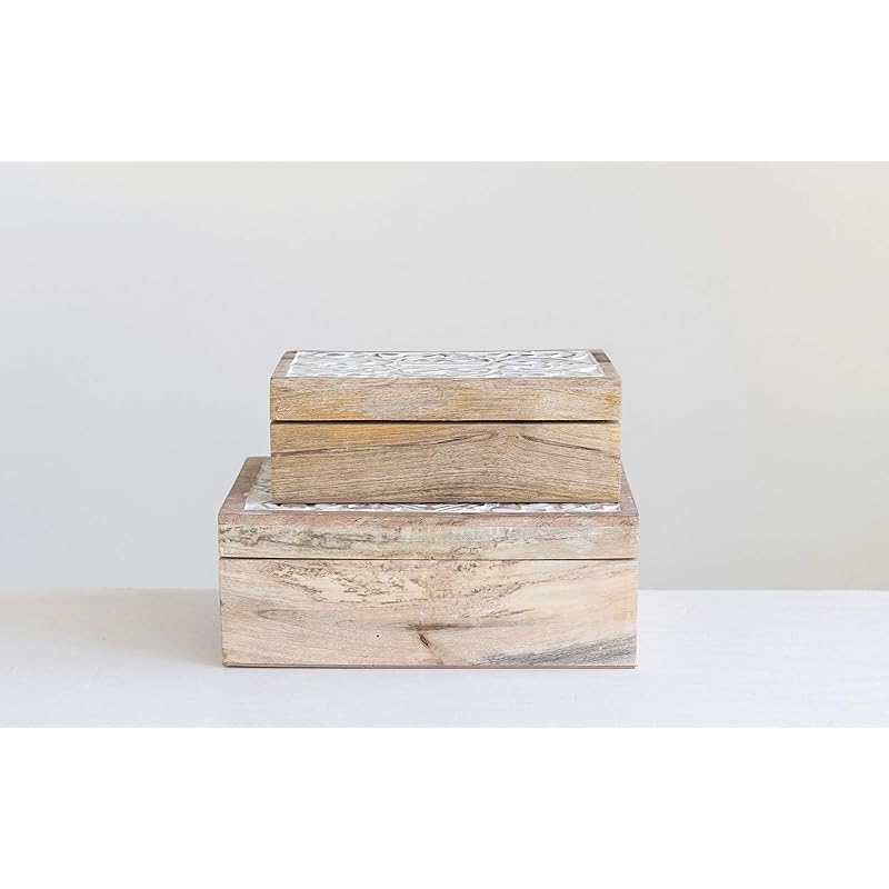 Creative Co-Op Handcarved & Whitewashed Mango Wood Boxes (Set of 2 Sizes) Misc Non-Food Storage, White, 2 Count Set of 2 sizes белый