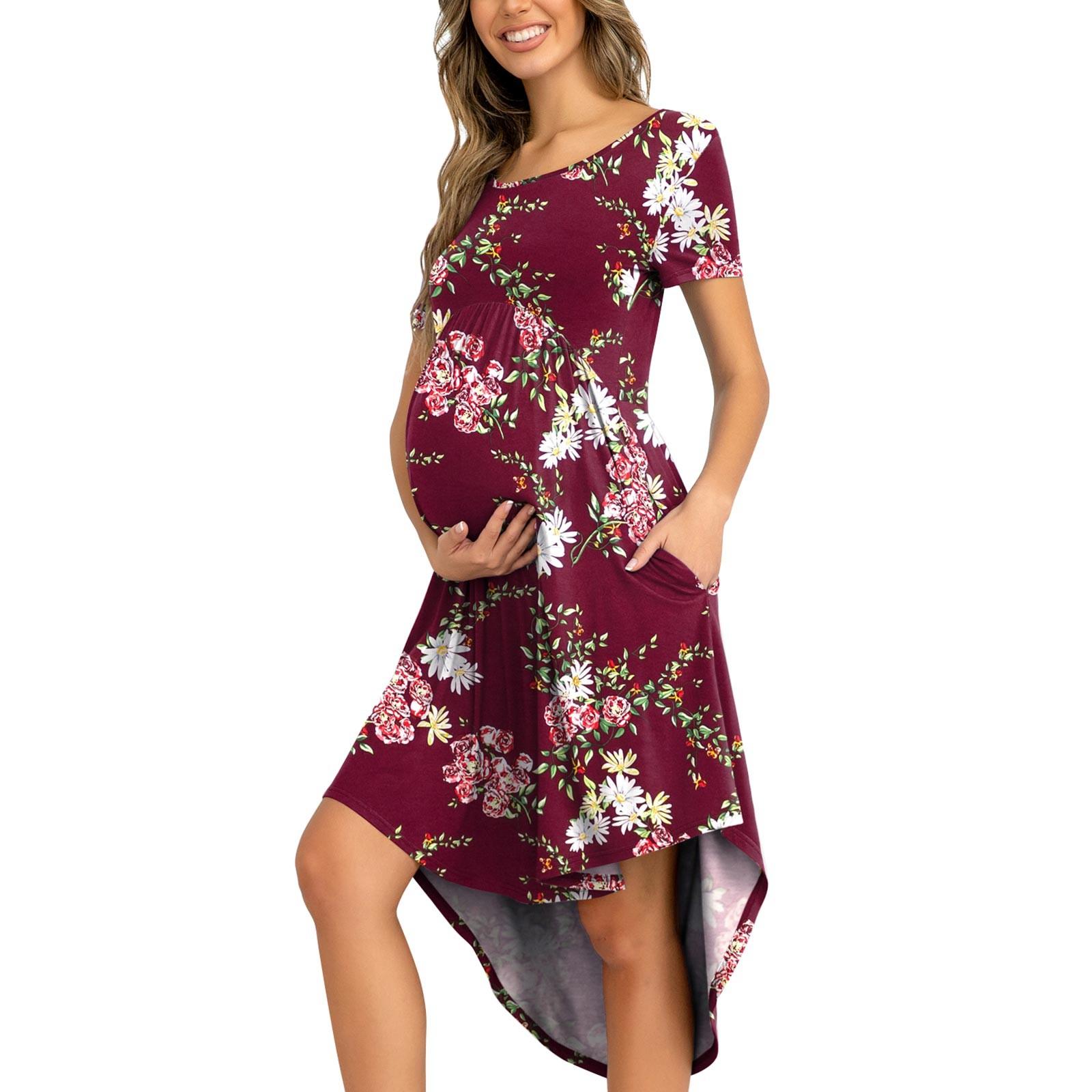 

Жіноча повсякденна сукня міді для вагітних з високою талією з кишенею і круглим вирізом. M винний