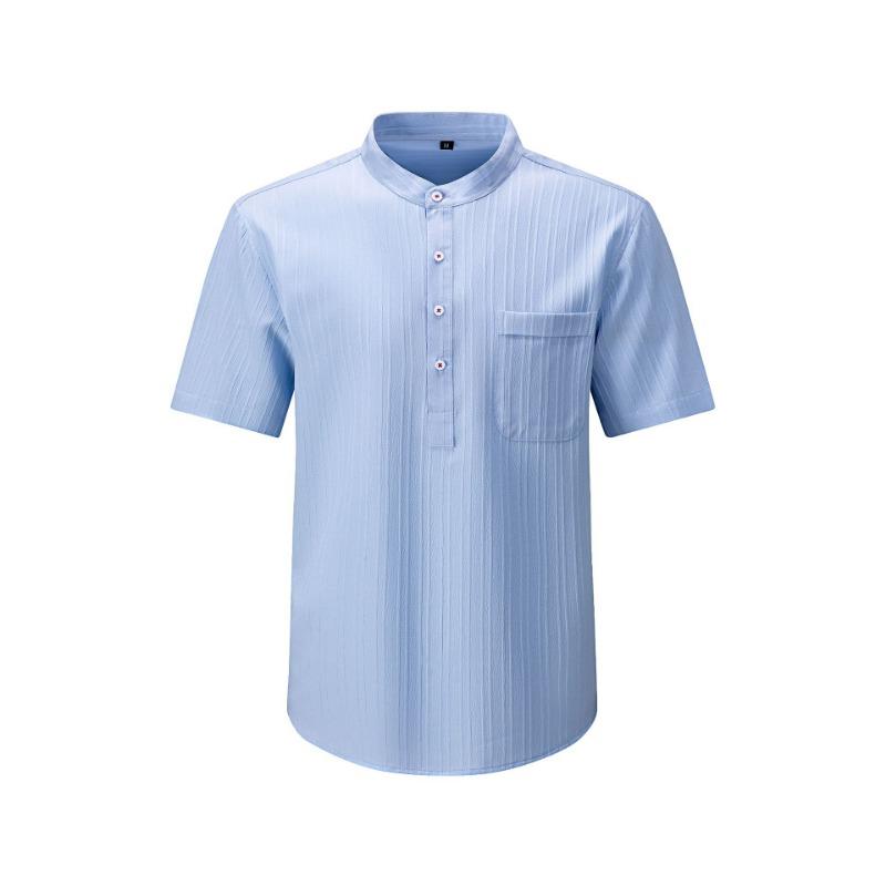 

Модная мужская рубашка полоски морской волны повседневная с коротким рукавом воротник-стойка свободного кроя однотонная универсальная на пуговицах пуловер S синий