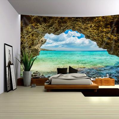 Sea Cave View Tapestry, Turquoise Ocean And Blue Sky Landscape, Scenic Wall Hanging For Bedroom Living Room Decor
