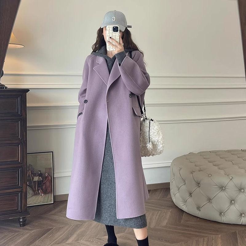 

Двустороннее кашемировое пальто женское осенне-зимнее новое свободное шерстяное твидовое пальто средней длины пальто высокого качества S фиолетовый