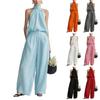 Damen ärmelloses Neckholder-Top und elastische Weitbein-Hose Zweiteiliges Set Baumwoll-Leinen Lässiges Outfit
