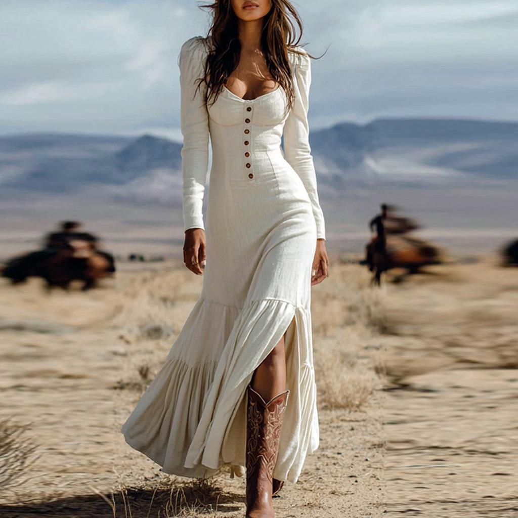 Women's Fashion Western Buttoned Gathered Long Sleeve Sexy Maxi Dress