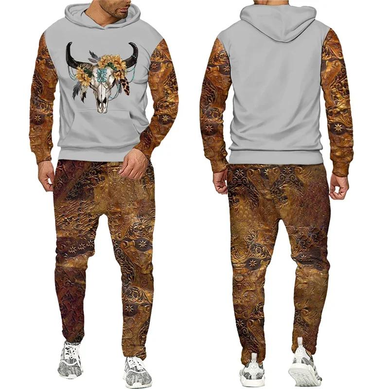 New Men 2 Pieces Tracksuit National Cow Skull 3D Print Casual Hoodies Sweatpants Sets Fashion Hip Hop Street Clothing Suits