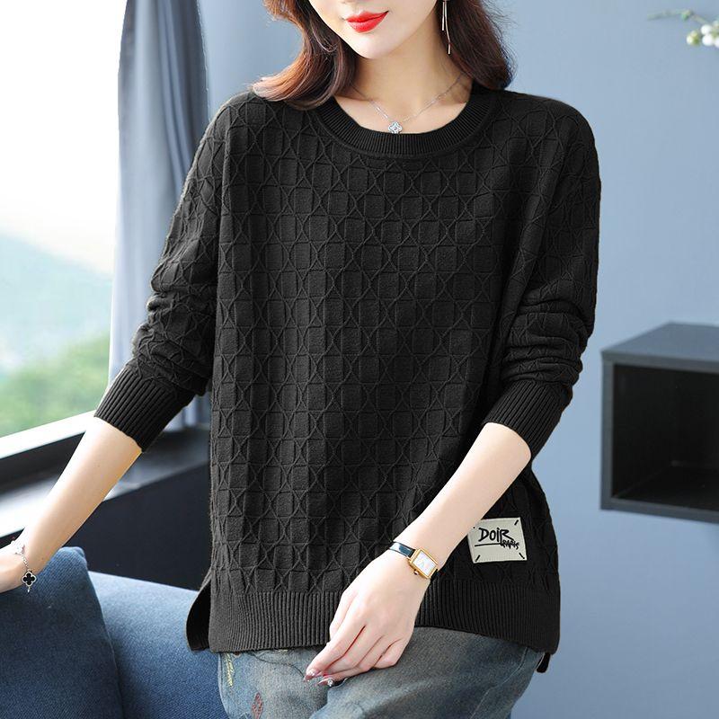 Spring and Autumn Women's Plus Size Knit Sweater Thin Loose Crew Neck Pullover Knitwear Short Slit Stretch Knit Top Jumper