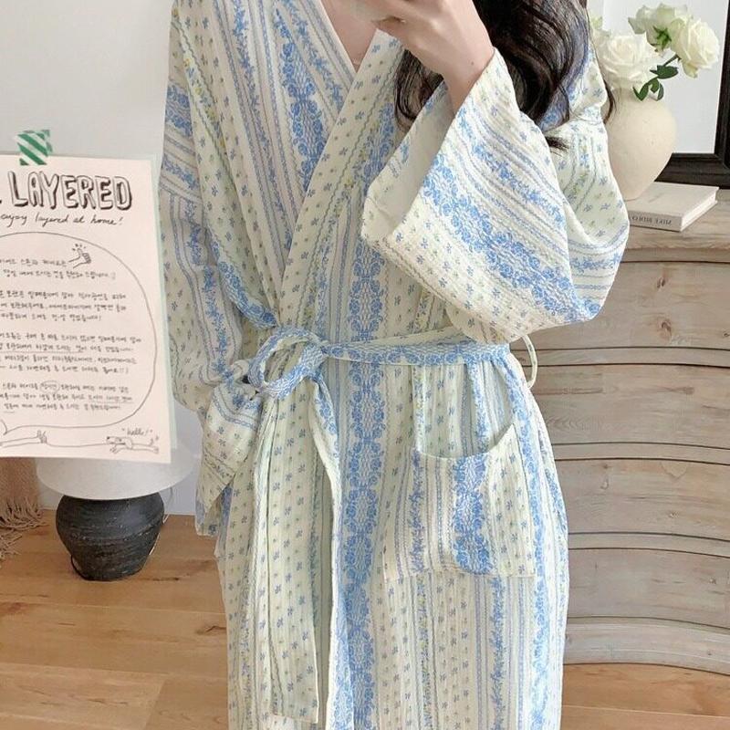 Spring Autumn Retro Striped Floral Nightgown and Pajamas for Women Long-Sleeve Bathrobe and Loungewear