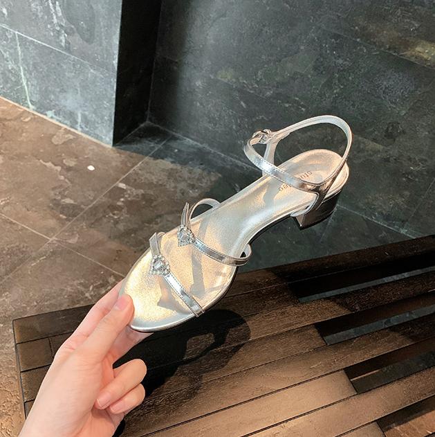 Fashion Sandals for Women Summer Round Headed Double with Heart-shaped Diamond Buckle Adjustable Sandal Slippers 2025 New Flat Sandals