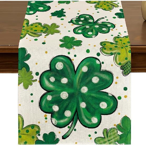 St. Patrick's Day Green Shamrocks Floral Table Runner 13x72 Inch Spring Holiday Four Leaf Clover Kitchen Dining Table Decor for Indoor Outdoor