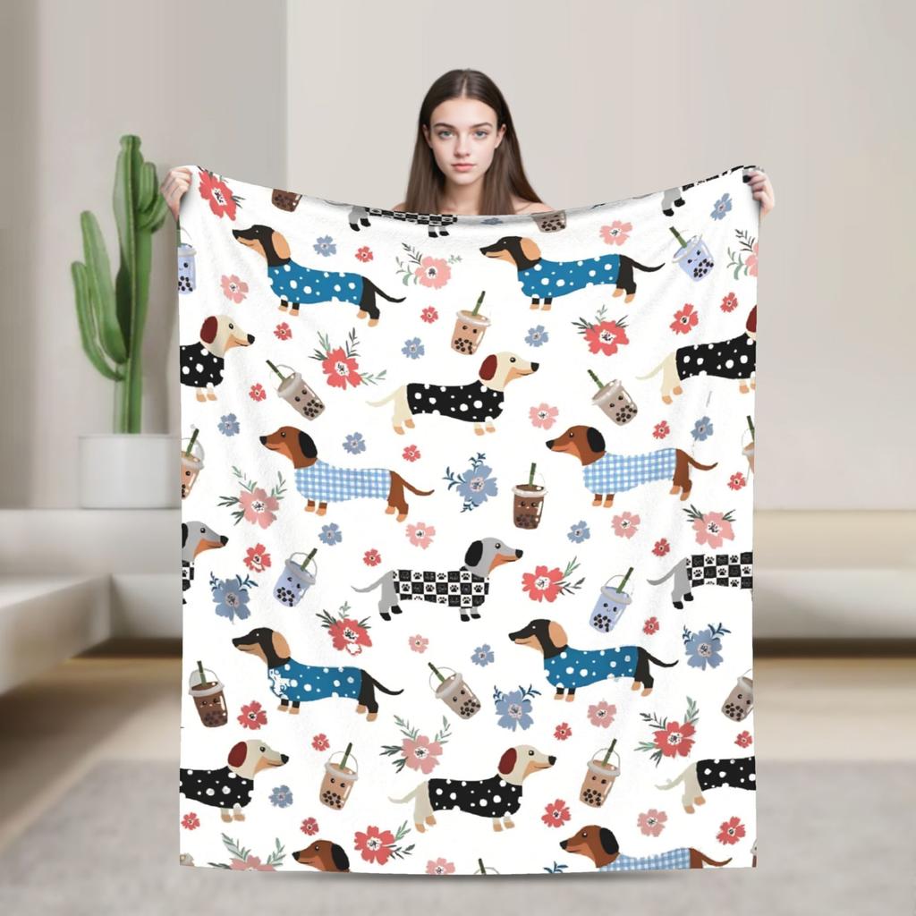 Dachshund Christmas Knitted Blankets Flannel Dogs Animal Super Soft Throw Blankets for Car Sofa Couch Bedroom Quilt