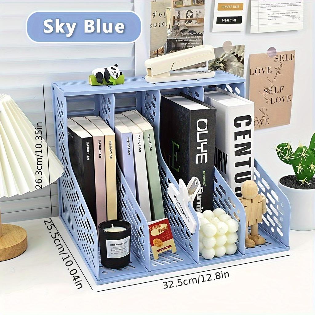 Creative Four-Section Desktop File Organizer, A4 Document Holder, Bookend Pen Holder, Office File Storage and Sorting Rack