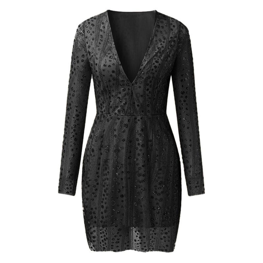 Women's Deep V Sheer Long-Sleeved Short Dress With Gold Floating