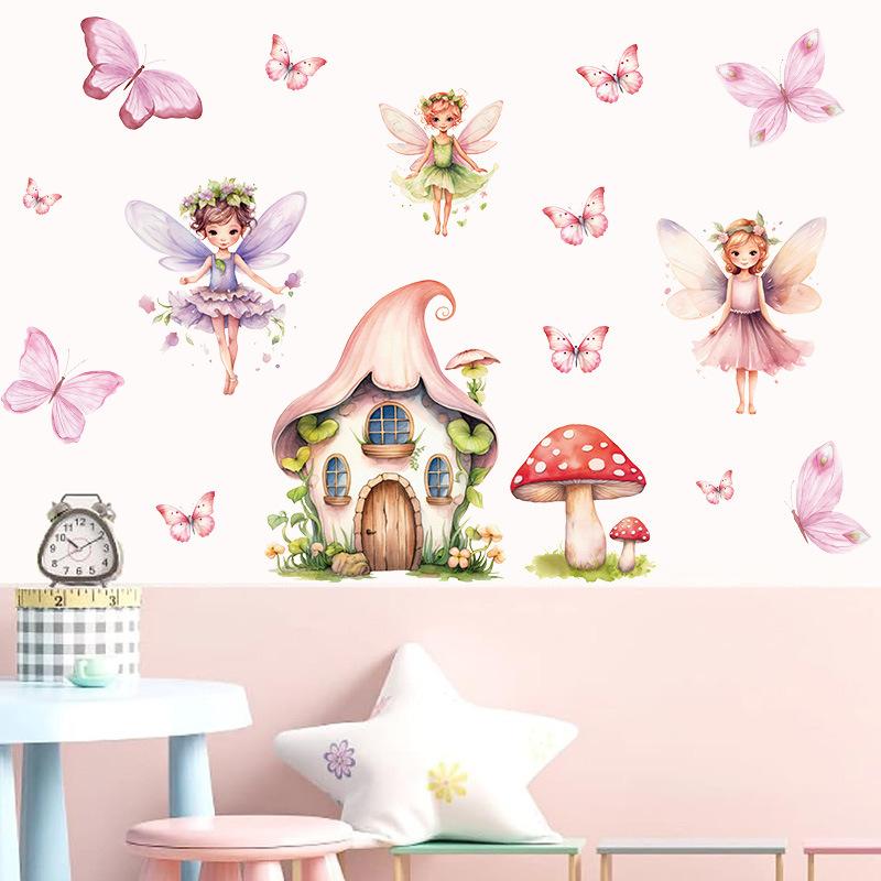 Cute Mushroom Fairy Wall Sticker for Kids Room Girls Bedroom, Watercolor Butterfly Floral Wall Decal, Fairy Tale Nature Wall Art Decor for Nursery