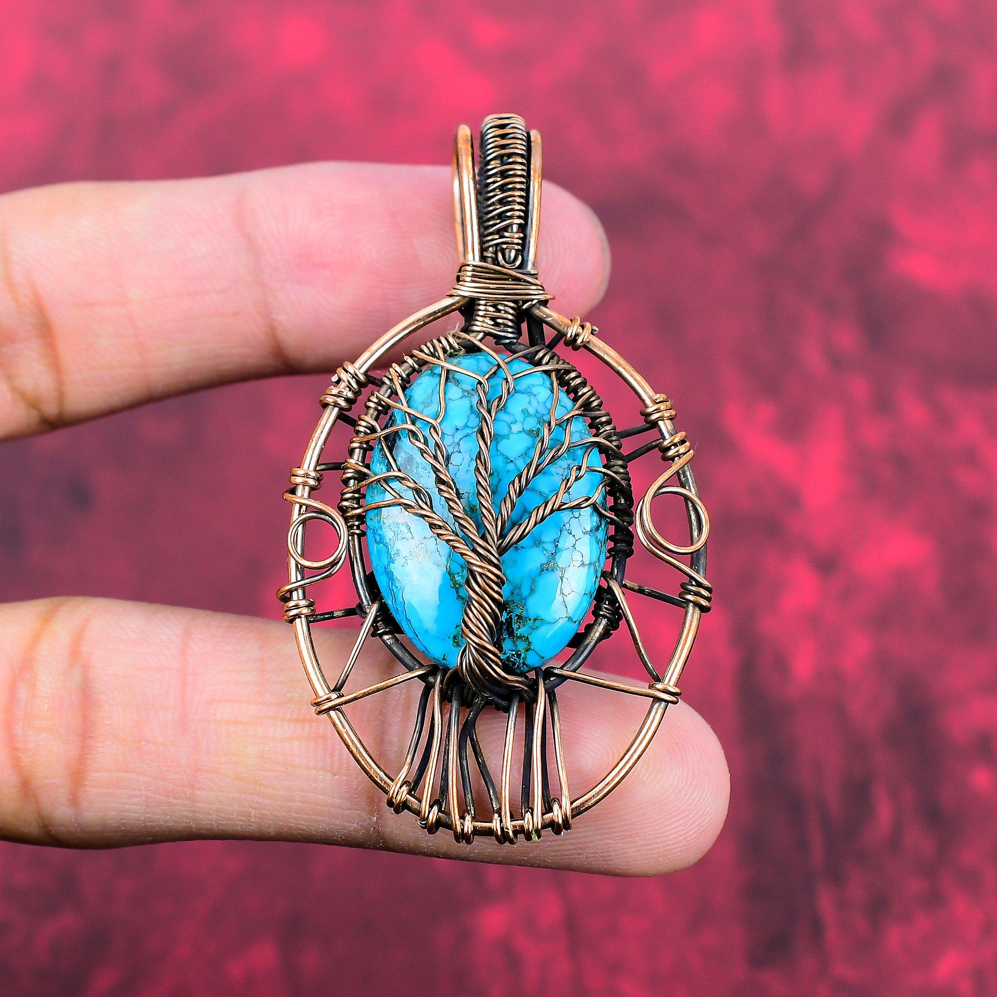 Tree Of Life Tibetan Turquoise Pendant Copper Wire Wrapped Jewelry Real Gemstone Pendant Handmade Copper Pendant Wire Wrap Pendant  For Gift