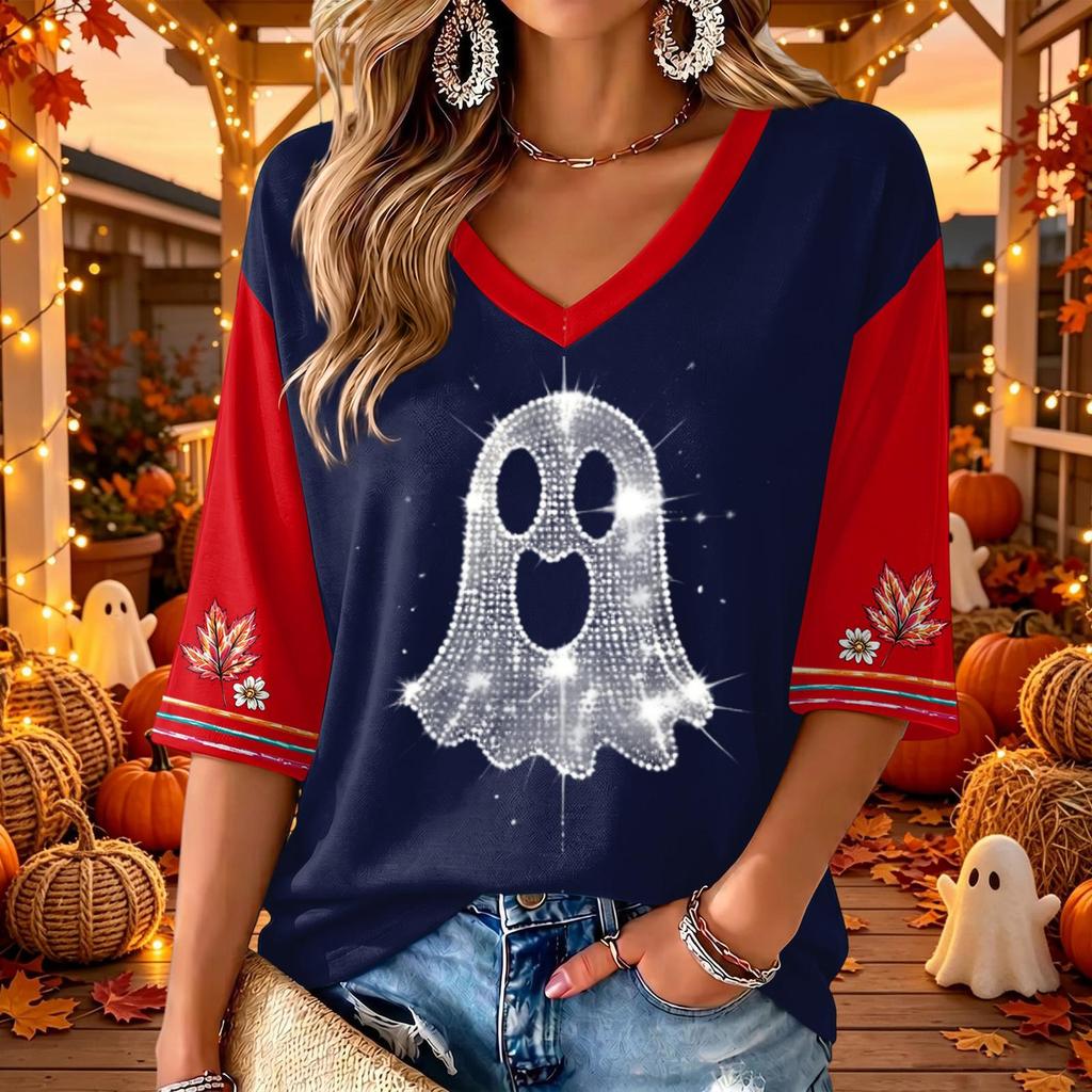 Women's Halloween Print V-Neck Three-Quarter Sleeve Casual Top